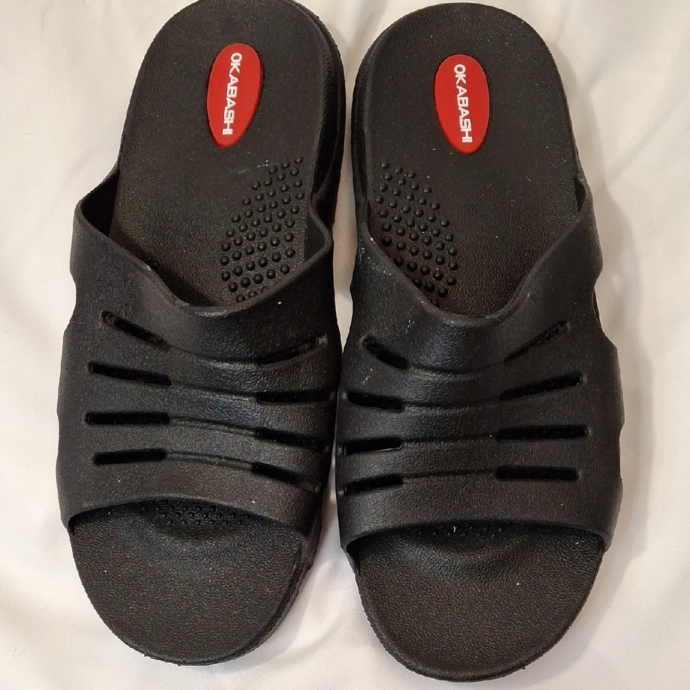 Men's Eurosport Okabashi Black Slide Sandals with Red Logo. Size L.